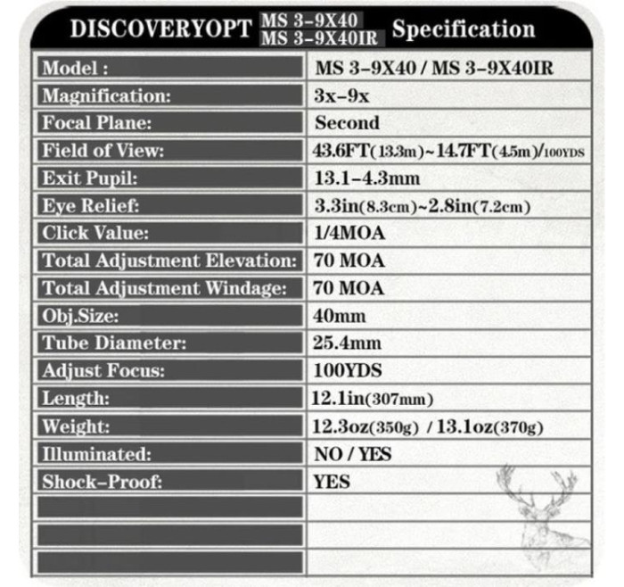 DISCOVERY OPTICS OTTICA MS 3-9x40 IR ANELLI 11mm CANNOCCHIALE