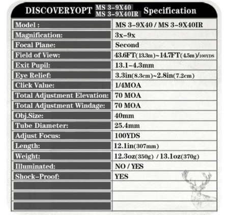 DISCOVERY OPTICS OTTICA MS 3-9x40 IR ANELLI 11mm CANNOCCHIALE
