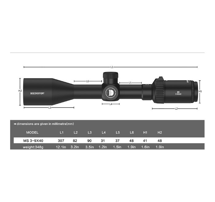 DISCOVERY OPTICS OTTICA MS 3-9x40 TUBO 1" ANELLI 11mm CANNOCCHIALE