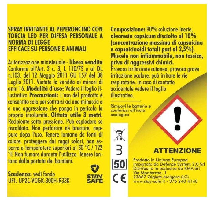 STAY SAFE SPRAY AL PEPERONCINO AUTODIFESA ANTIAGGRESSIONE 