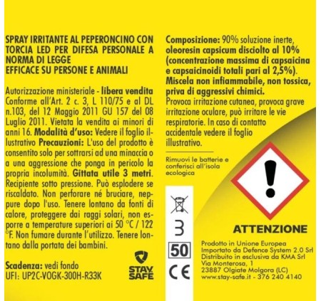 STAY SAFE SPRAY AL PEPERONCINO AUTODIFESA ANTIAGGRESSIONE 